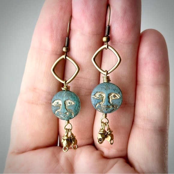 Blue Czech Glass Moon Face w/Brass Dangles, Handmade Artisan Celestial Earrings - Picture 9 of 12